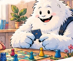 Yéti souriant autour d’un jeu de société